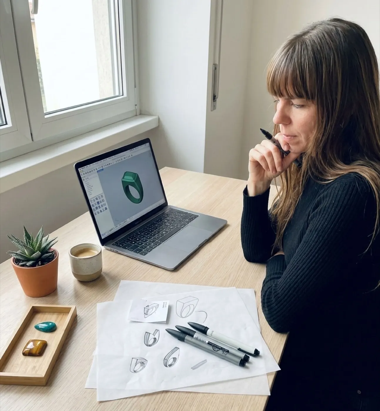 Gessica Federici allo studio, sketches e modello 3D dell'anello